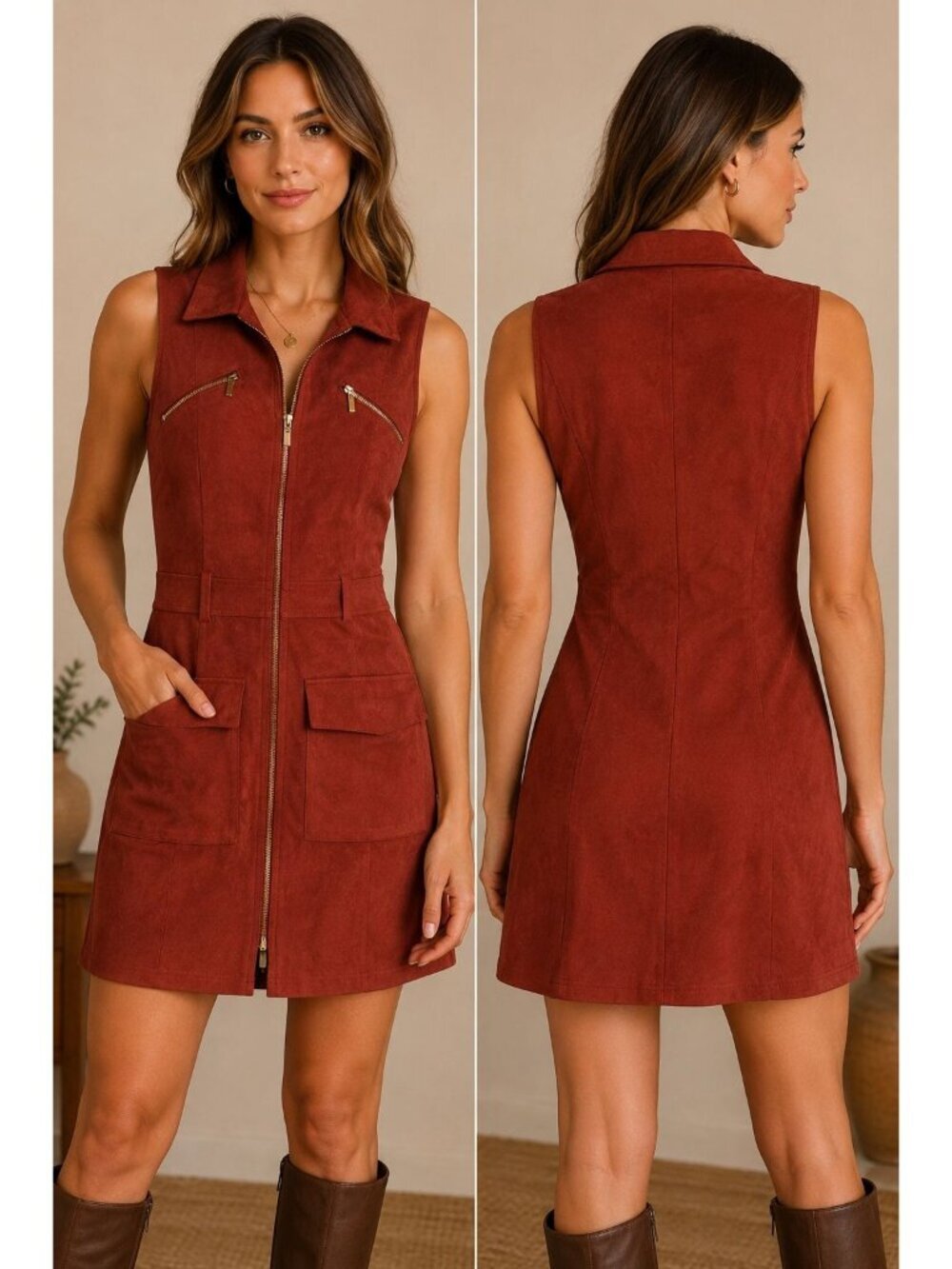 Privy Womens Sleeveless Suede Zip-Up Vest Dress W/Pockets Red Rust Small - Picture 1 of 12